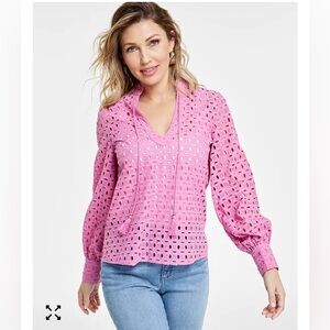 INC International Concepts Pink Azalea Eyelet Embroidered Tassel Tie Blouse M